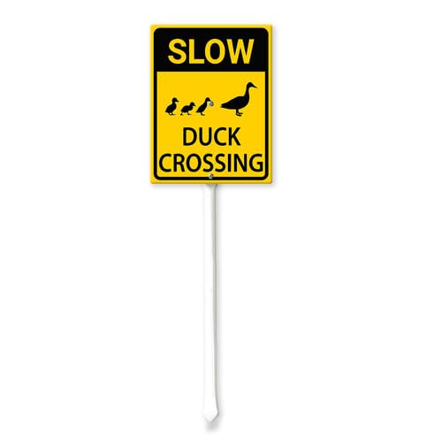Vdenvileye Slow Duck Crossing Yard Sign with Stake 20x30cm Rustproof Aluminum Lawn Decorations Slow Driving Sign for Outdoor Road Street Garden