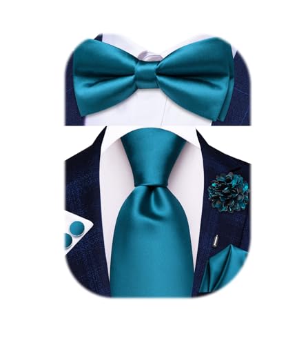 Image of Hi-Tie 5Pcs Mens Solid Color Silk Tie Satin Pretied Bowtie Lapel Pin for Men Handkerchief Cufflink Wedding Gift Box