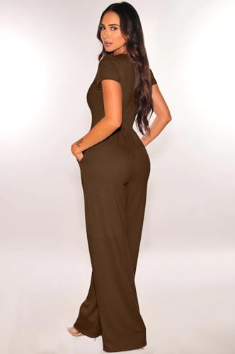Gokatosau Women'S Casual Scoop Neck Short Sleeve Ribbed High Waist Wide Leg Jumpsuit Rompers Coffee thumb #1