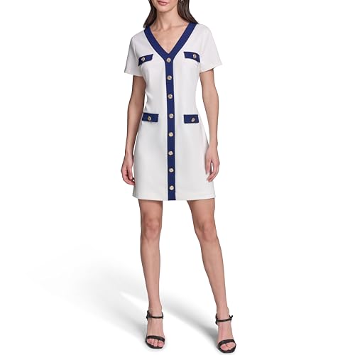 Image of Karl Lagerfeld Women's Short Sleeve V Neck Scuba Crepe A-line Contrast Framing Dress