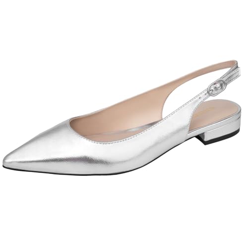 WONDERWAY Women Slingback Flat Pointed Toe Shoes,Buckle Closure Pumps Shoes(Silver,7.5) by WONDERWAY - Used condition - US$14.86