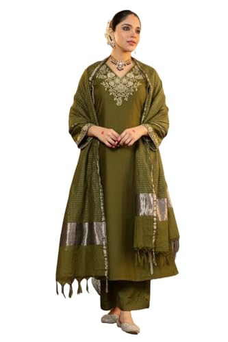 Image of Klosia Women Embroidery Solid Straight Kurta and Pant Set with Dupatta