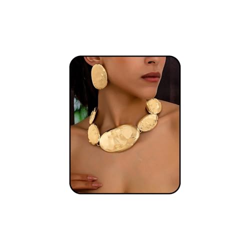 Statement Necklace Earrings Set, 2pcs Geometric Asymmetrical Hammered Texture Graduated Size Extra Long Pendant Necklace & Earrings Jewelry Gifts