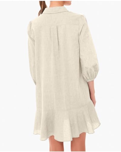 Image of YEXPINE Women Button Down Dress Casual 3 /4 Puff Sleeve Cotton Linen Dress Flowy Ruffle Hem Tunic Shirt Dresses