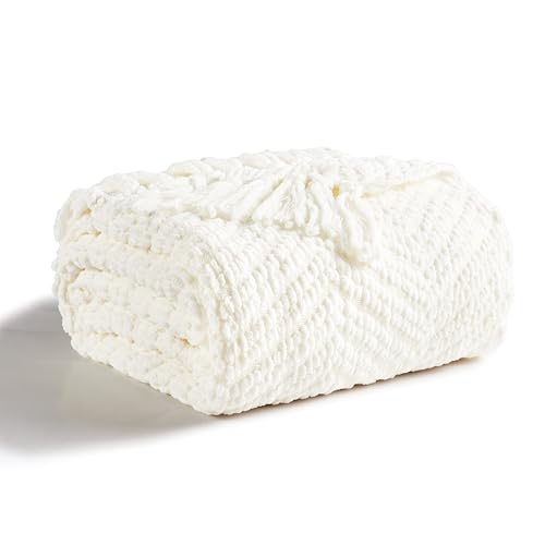 Image of CREVENT 50 inchX60 inch Farmhouse Breathable Soft Chenille Knitted Textured Throw Blanket for Couch Chair Bed, Boho Home Decor for Living Room (Ivory)