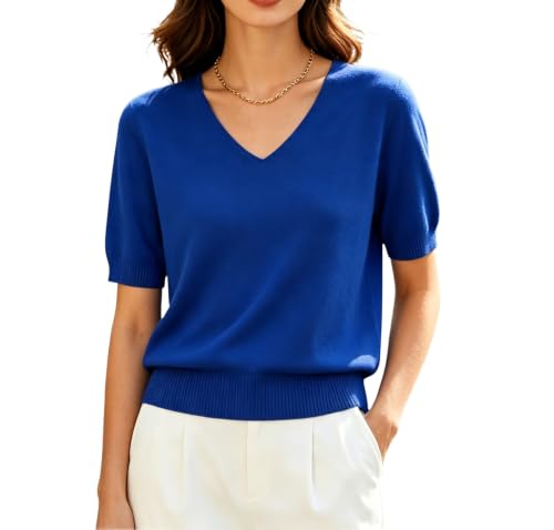 Image of DAIMIDY Women's Short Sleeve Sweater V Neck Summer Knit Tops | Business Casual Tops| Soft,Lightweight,Breathable and Comfortable| Perfect for Shopping,Date,Vacation,Daily Wear Etc.
