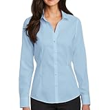 JiaYouLC Women's Long Sleeve Casual Blouses & Shirts Ladies Plain Stretch Button Down Shirts (UK, Alpha, S, Regular, Regular, Blue)