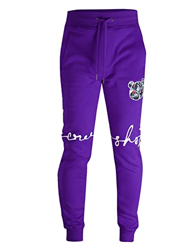 Screenshot-P1122 Mens Hip Hop Premium Classic Fit Urban Fleece Pants - Paisley Bear Head Animation Street Fashion Sweatpants-Purple-Large #TOP4