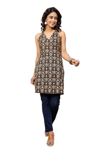 Image of Women's Printed Halter Neck Kurti Top | Sleeveless V-Neck Short Tunic with Back Tie-Up | Casual Ethnic & Summer Wear