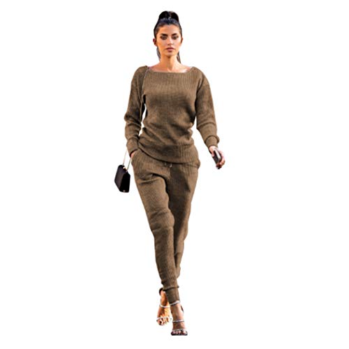 Nuofengkudu Womens Fall & Winter Rib-Knit Pullover Sweater Top & Long Pants Set 2 Piece Outfits Tracksuit Darkkhaki M
