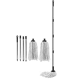 BARGAIN FACTORY Langer Bodenwischer aus Baumwolle – ergonomisches Design – Schlaufenwischer mit abnehmbarem Kopf und Griff – inklusive 2 Moppköpfen aus Baumwolle – strapazierfähig (1 Baumwollmopp mit