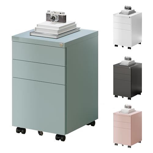 FlexiSpot Rollcontainer mit 3 Schubladen, mobiler Aktenschrank mit Rollen, Schubladenschrank Büroschrank Schreibtisch Unterschrank mit Schlüsselschloss und Anti Kipp für Büro Zuhause, Grau Blau