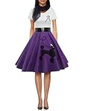 ZEZCLO Women's Retro Poodle Print Skater Dress Vintage High Waist Rockabilly Swing Tee Cocktail Party Dresses Deep Purple L