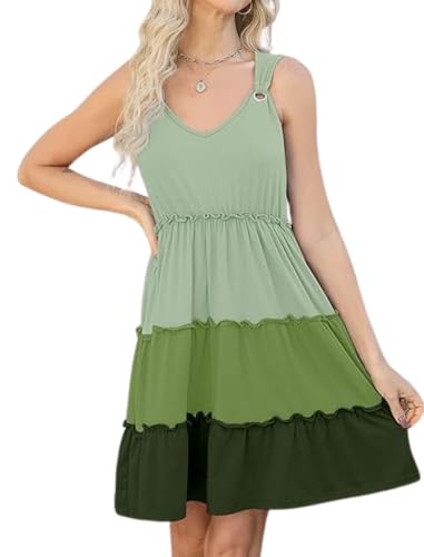 GUNEST Womens Green Combo Dresses V Neck Sleeveless Spaghetti Strap with O Ring Smocked Casual Boho...
