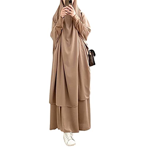 Womens Muslim Abaya Solid Prayer Dress Islamic Maxi Kaftan with Hijab Dubai Full Length 2 Piece Dress