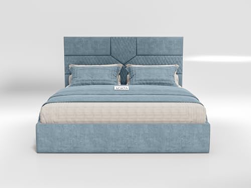 Image of Acacia Modern Upholstered King Size Bed with Box Storage for Bedroom | Wooden Double Bed with Storage | Platform Cot Bed with Upholstery Premium Fabric | 6.5 x 6 Ft | Sheesham Wood (Light Blue)