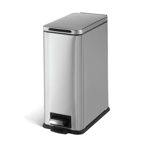 Image of Home Zone Living 3 Gallon Small Trash Can with a Lid and Step Pedal, Stainless Steel with Slim Design for Home and Office, Silver, 10 Liters