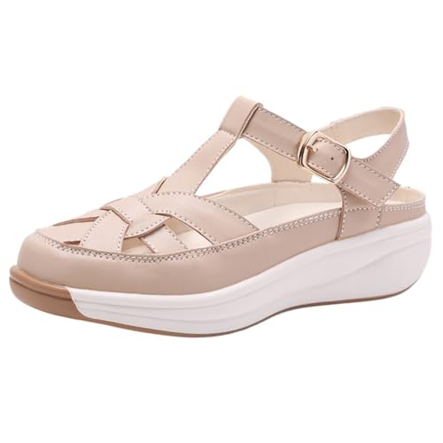 Women's Leather Sandals, Adjustable Ankle Strap Soft Sole Damping Wedge Casual Sandals