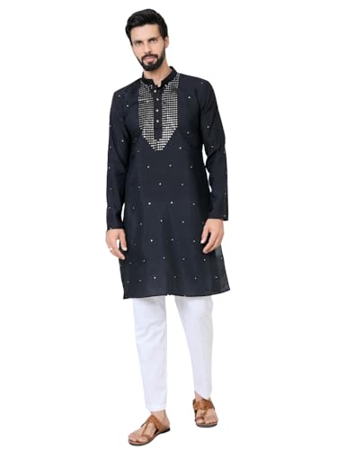 Image of See Designs Men's Full Sleeve Mandarin Collar Sequins Embroidered Chanderi Straight Long Kurta with Yoke Design - Festive Collection