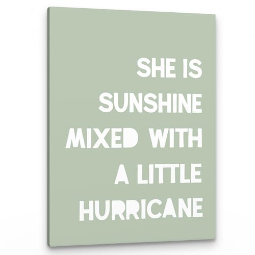 PHAMTE Girls Bedroom Wall Decor,She is Sunshine Mixed with a Little Hurricane Girls Room Wall Art,Sunshine Print Framed Canvas Painting Artwork for Room Bedroom Home Nursery Playroom(11x14 Inch)(pale green)