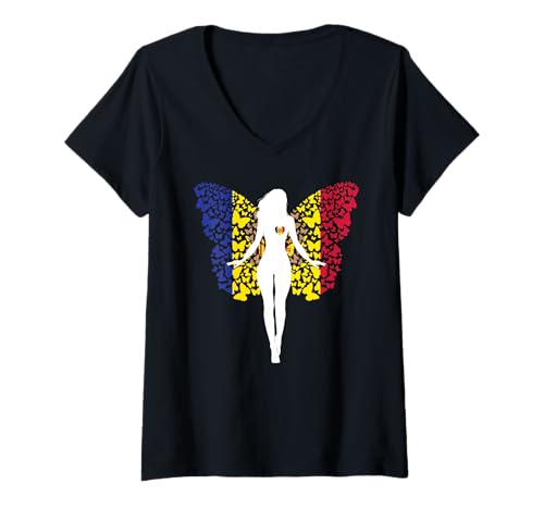 Mujer Chica de Andorra Raíces de la Bandera Mujeres Mariposa Camiseta Cuello V