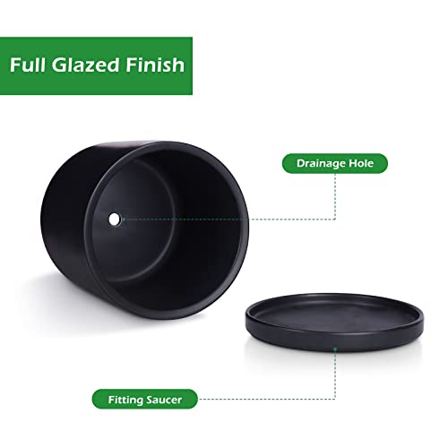 Kazeila 12 Inches Ceramic Planter Pot - Saucer And Drainage Hole - Full Glazed - Matte Black #TOP2