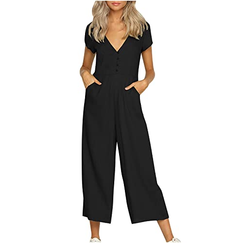 Casual Short Sleeve Jumpsuit for Women Summer Loose Plain V Neck Playsuits with Pockets Ladies One Piece Wide Leg Rompers Cropped Pants Solid Colour Daily Work Jumpsuits