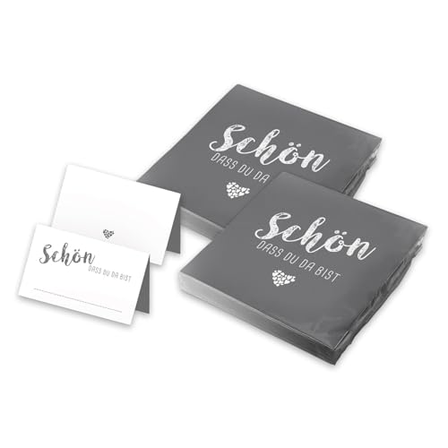 itenga Tischdeko Set - Servietten Schön dass du da bist 30 x 30cm 3-lagig 40 Stück und 48 passende Tischkarten für Kommunion Konfirmation Hochzeit Taufe und andere Feiern (grau)
