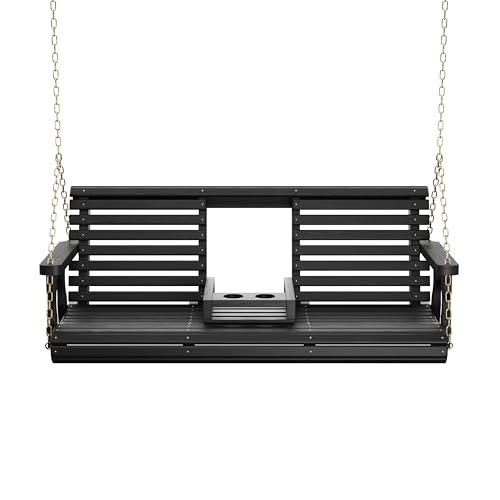 Image of Porchgate Amish Heavy Duty Console Porch Swing with Fold Down Cup Holders in Semi Solid Black Stain - Amish Made in The USA from Treated Pine, Hanging Chains Included