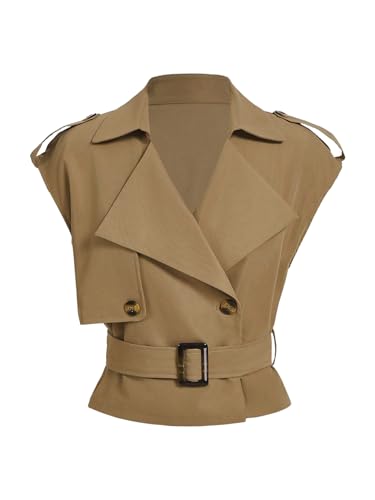 GORGLITTER Women's Cropped Trench Coat Belted Cap Sleeve Lapel Collar Vest Coats