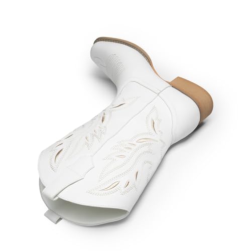 DREAM PAIRS Women's Square Toe Cowboy Cowgirl Boots Pull On Low Chunky Heel Mid Calf Western Boots with Embroidered Stitched for Theme Party Country Concert,Size 10,White-1,SDMB2220W