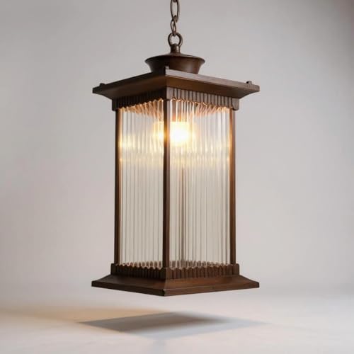 Image of Outdoor Wall Lantern Light, Brown Finish, Ribbed Glass Shade and Black Hanging & Gate Light (Half Wall, 1) (Hanging LAMP, 1)