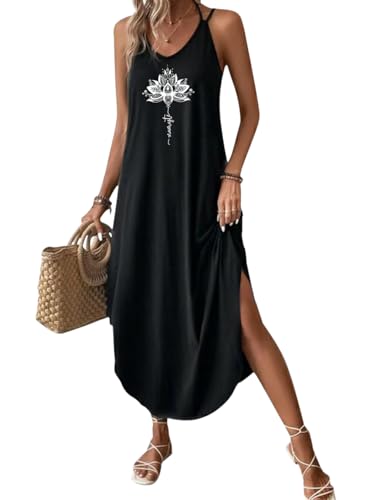 Chicrise Sommerkleid Damen V Ausschnitt Lang Maxikleid Blumen Sommer Strandkleid Print Elegant Schwarz Groß 42-44