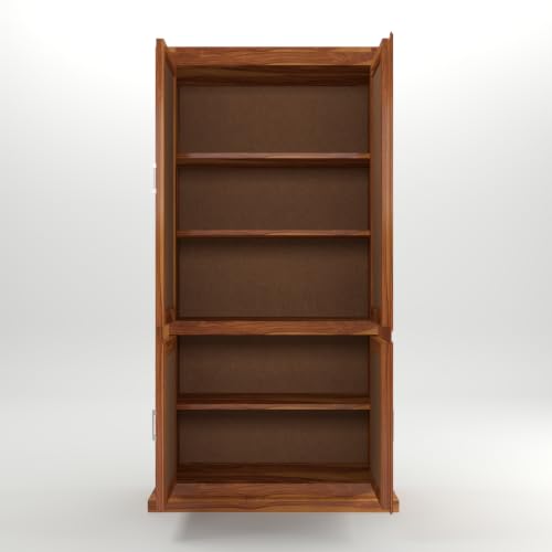 Image of Solid Sheesham Wood Almirah with Cane Doors & Geometric Carved Panels | 4 Door Wooden Wardrobe for Bedroom