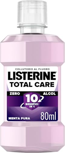 LISTERINE Collutorio Total Care, Collutorio da viaggio 0% alcol per una protezione completa al Gusto Delicato di Menta Pura, Senza alcool e con Fluoro per denti forti e gengive sane, 80 ml
