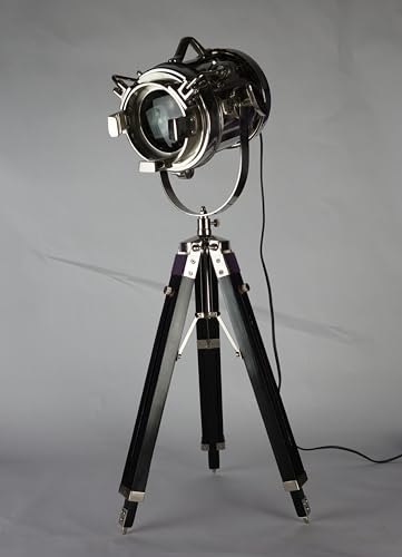 Image of Vintage Tripod Floor Lamp with Adjustable Wooden Stand & Metal Spotlight Head - Industrial Style Home Decor Lighting for Living Room, Bedroom, Office - 98 CM Height (Leo Nickle)