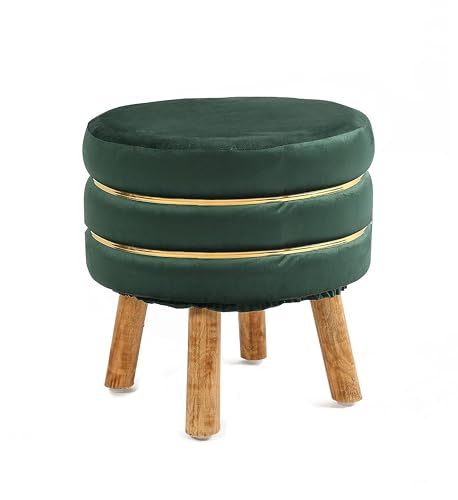 Image of Living Room Round Wooden Velvet Ottoman with Footrest and Linen Fabric Padded Seat Pouffe Ottoman with Round Shape and Office Stool-Green