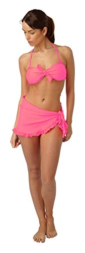 Womens neón Bikini Set Top + pantalones + + sarong/falda traje de baño Verano Playa Tamaño UK 10 – 16 Rosa rosa neón