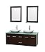 Wyndham Collection Centra 60" Double Bathroom Vanity in Espresso, Green Glass Countertop, Arista White Carrera Marble Sinks & 24" Mirrors