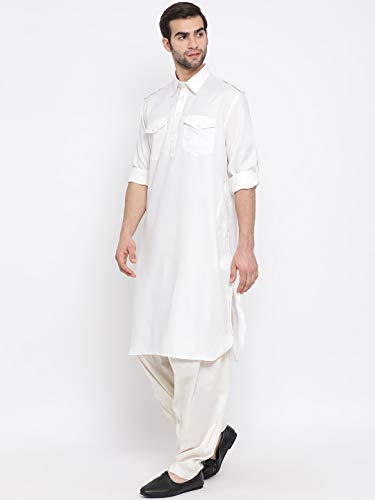 Image of VASTRAMAY Men's Cotton Blend Pathani Kurta Set || Stylish Pathani Style Kurta with Roll Up Sleeves and Relaxed Fit Patiala Salwar