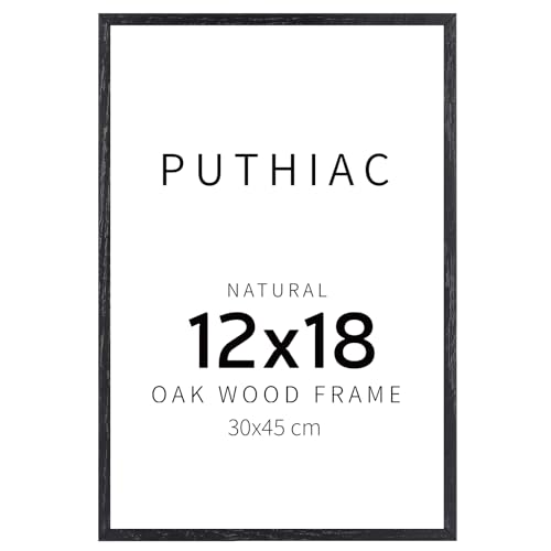 puthiac 12x18 Black Oak Wood Picture Frame - Minimalist 12x18 Poster Frame, 12"x18" Picture Frame Wood, Natural Solid Wooden Picture Frames for Wall Art Photo and Prints (1 Pack, Black)