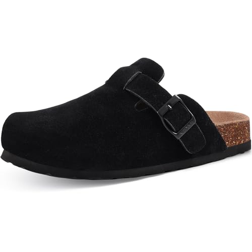 KIDMI Unisex Vegan Suede Clogs Leather Mules Womens Mens Cork Footbed Potato Shoes with Arch Support, Vegan Suede Black, Size 7.5-8
