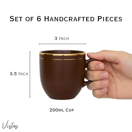 Image of Vistas Dark Brown Gold Line Ceramic Tea Cups Set of 12, 200ml | Porcelain Tea Cups Set of 12 | Glossy Finish | Premium Ceramic | Perfect for Every Occasion
