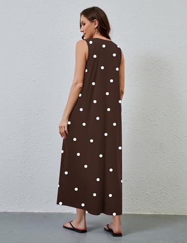 Image of Women Sleeveless Ruched Maxi Dress Scoop Neck Long Elegant Dresses Wide Shoulder Strap Blouse Dress with Side Pockets