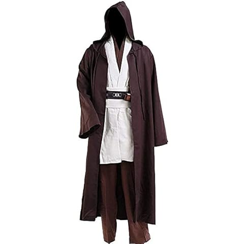 NUWIND Herren Jedi Kostüm Mittelalter Tunika Kapuze Umhang Umhang Bademantel Halloween Cosplay Outfit für Erwachsene, braun+weiß, S Cover