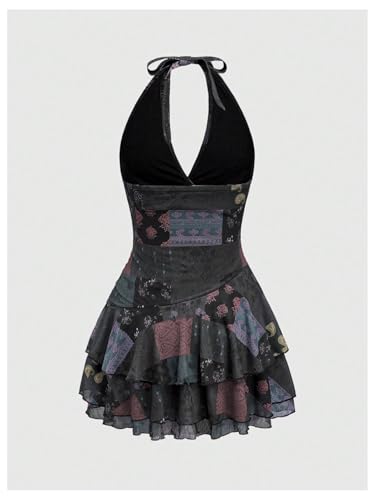 Image of SOLY HUX Women's Vintage Halter Deep V Neck Ruffle Mini Dress Layered Flowy Sundresses Festival Rave Outfits