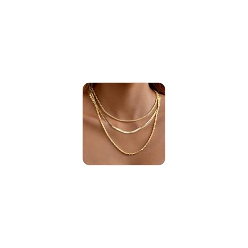 Gold Necklaces Stack for Women Non Tarnish, Dainty 14k Gold Plated Layered Gold Herringbone Necklace Trendy, Layering Rope Cuban Chain Gold Choker Necklaces Set Fashion Jewelry Set Gift