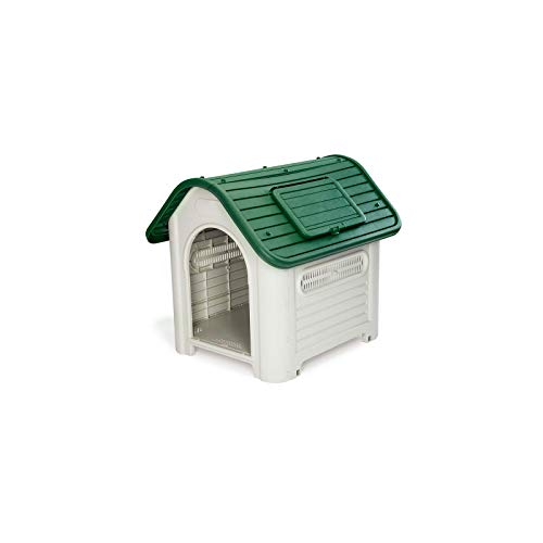 GARDIUN KZT1007   Caseta de Perro Dakota Resina 87x72x75 cm Diseño Beige y Verde con Rejilla de Ventilación Lateral para Perros Medianos con Suelo Elevado y Ventana
