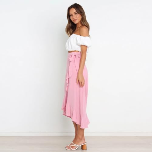 OBEEII Women Ruffle Wrap Skirt Summer Casual High Waist Tie Flowy Beach Skirt High Low Asymmetrical Split Midi Skirts3