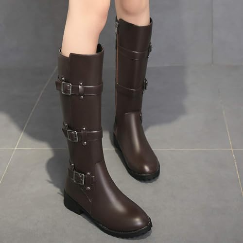 MAVMAX Women's Zipper Knee High Moto Boots Round Toe Motorcycle Boots Chunky Low Heel Biker Booties Buckle Long Riding Boot3